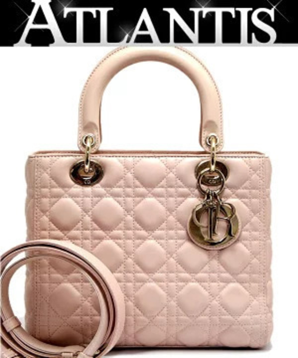 Christian Dior Lady Cannage 2way Shoulder Bag Lambskin Pink Beige Cream